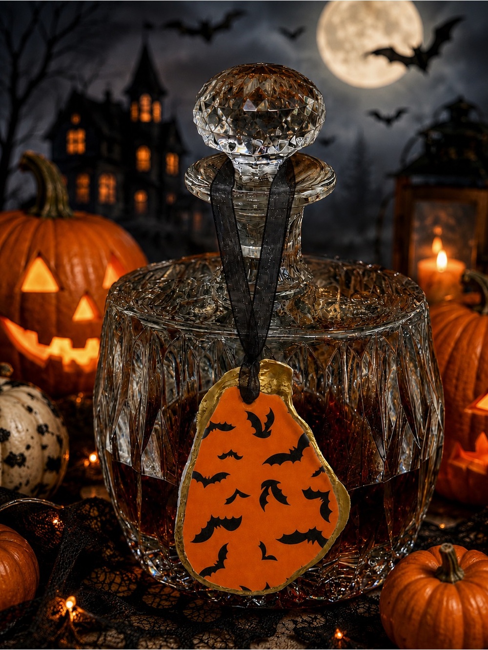 Hand crafted Halloween bats oyster shell ornament